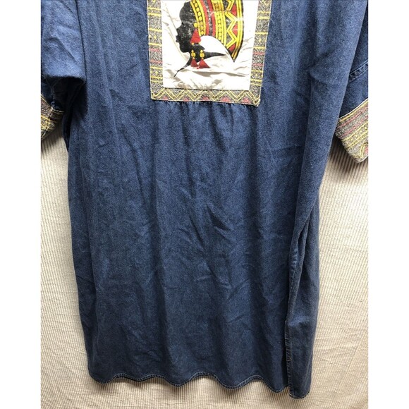 Denim Dress Nefertiti Embellished Ethnic Trim 1/2 Sleeve Midi Length V Neck - Picture 2 of 15